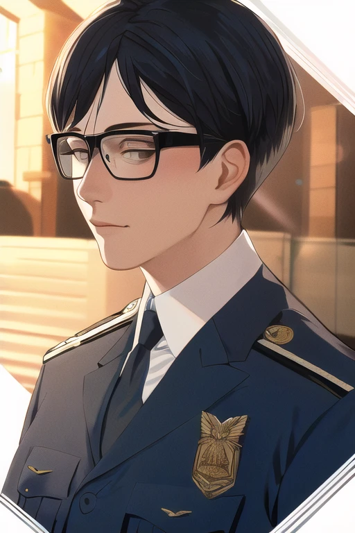 [NovelAI] salut cheveux très courts cheveux courts lunettes lumière du soleil Chef-d'œuvre homme uniforme de police [Illustration]